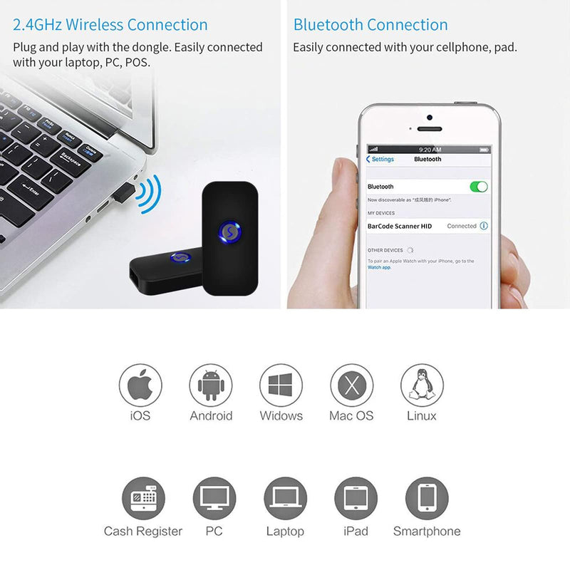 [Australia - AusPower] - Alacrity Bluetooth Barcode Scanner Portable 1D USB Laser Mini Bar Code Reader 3-in-1 Bluetooth & USB Wired & 2.4G Wireless Bar Code Reader Scanner Compatible Windows, Mac,Android, iOS or Phones 