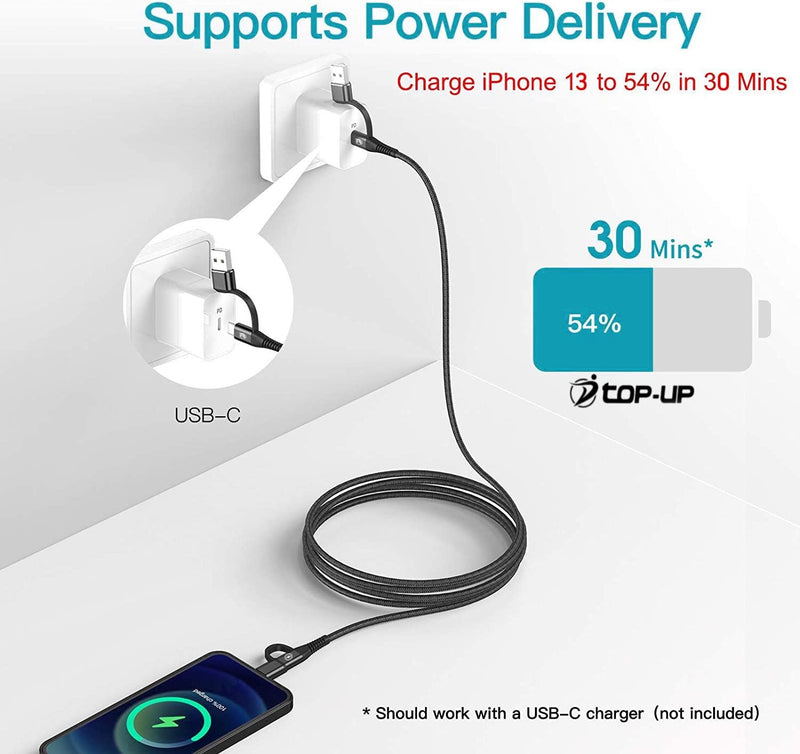 [Australia - AusPower] - Top-Up 4-in-1 USB C Cable 3.3ft – Lightweight, Flexible, and Ultra-Fast Charging Cable PD 60W with USB A/Type C/Ports for iPhone, iPad, MacBook, Samsung Galaxy, Android Smartphones, and More 