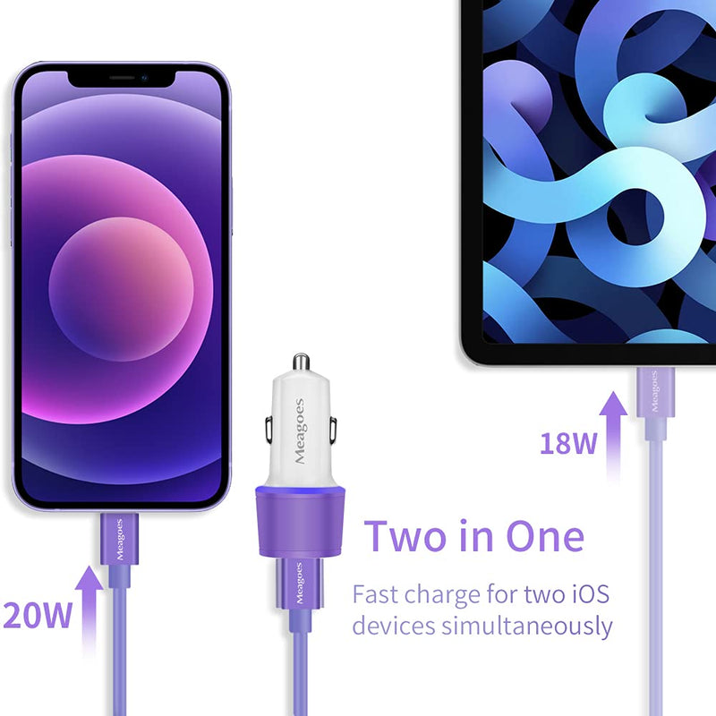 [Australia - AusPower] - Fast USB C Car Charger, Meagoes 20W PD Rapid Charging Adapter Compatible for Apple iPhone 13/12/Pro Max/Mini/11/XS/XR/X/8 Plus/SE/iPad Mini 5/Air 3-3.3ft MFi Certified Type C to Lightning Cable Purple&White 