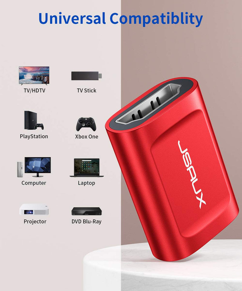 [Australia - AusPower] - HDMI Coupler Female to Female 2 Pack, JSAUX 4K HDR HDMI Extension Connector Adapter Aluminum Alloy for HDTV, Roku Stick, Computer, PC, Monitor, Laptop, Projector, DVD Player, PS 4/3(Red) red 