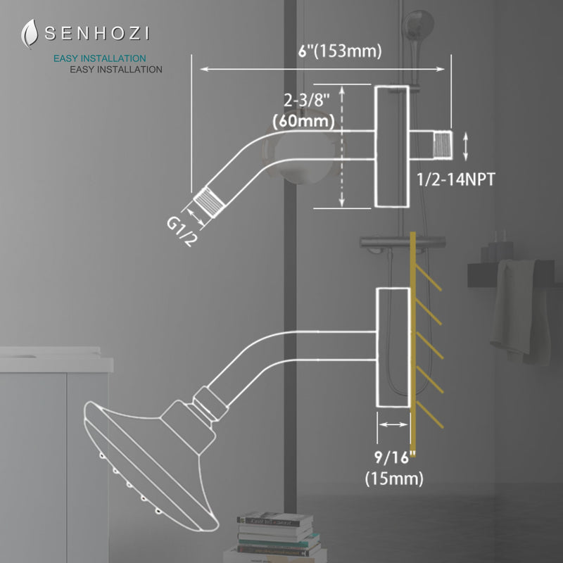 [Australia - AusPower] - Senhozi Shower Extension Arm with Flange and Teflon Tap, 6 Inch Shower Extension Pipe Matte Black for Fixed Shower Head, Stainless Steel Shower Head Extender, SE001BK 