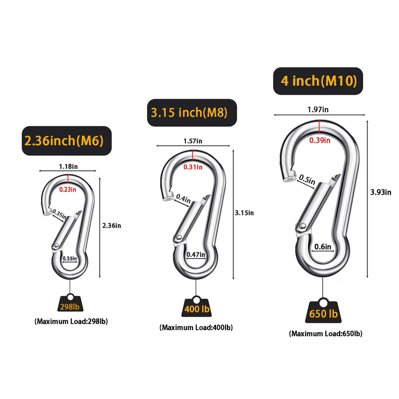[Australia - AusPower] - SpotDoo Carabiner Spring Snap Hook, 304 Stainless Steel Heavy Duty Carabiner Clips, 6 Pack 2.36 Inch(M6) 