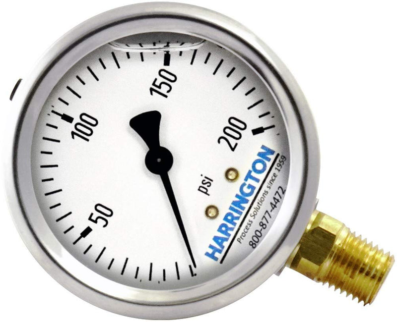 [Australia - AusPower] - Harrington 52895689 2-1/2" Liquid Filled Pressure Gauge 0/200 psi 304 Stainless Steel with Vented Fill Plug 1/4" NPT Bottom Mount Industrial Grade A +/- 2/1/2% Accuracy ASME B40.100 Model 213.53 