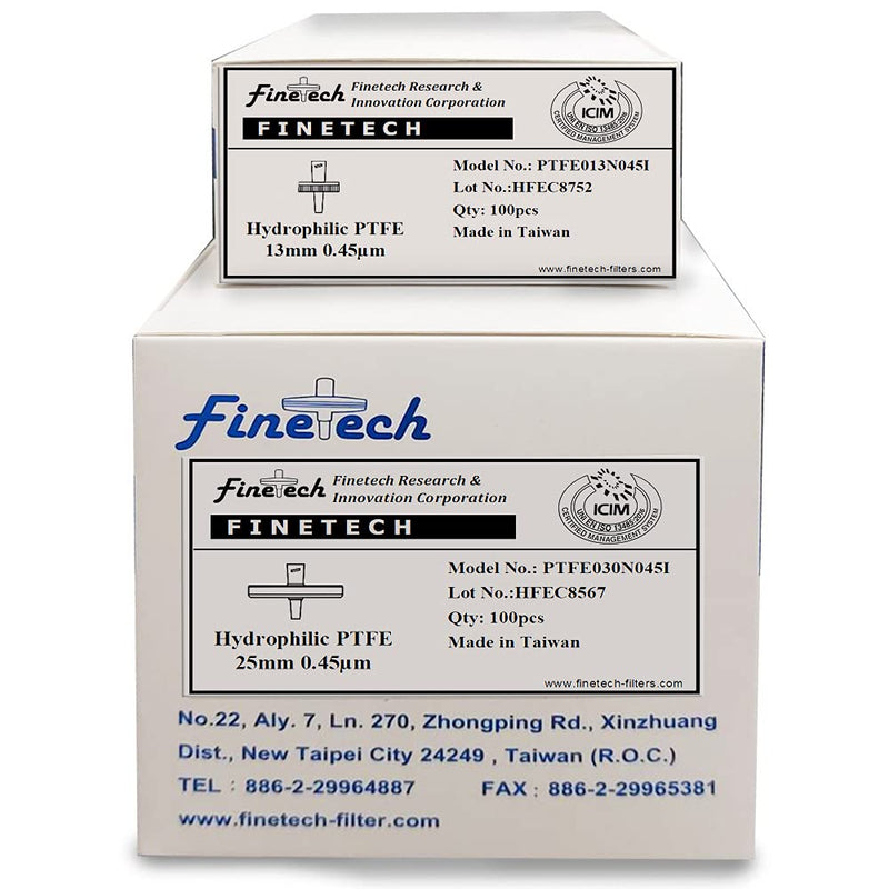 [Australia - AusPower] - Hydrophilic PTFE Syringe Filters 13mm Diameter 0.22μm Pore Size for Laboratory Filtration by Finetech (Pack of 100) Made in Taiwan (PTFE Hydrophilic 13mm 0.22um, 100) PTFE Hydrophilic 13mm 0.22um 