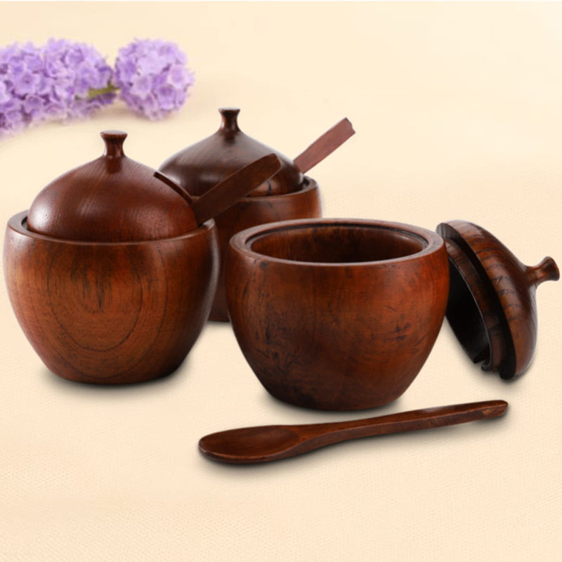 [Australia - AusPower] - DEAYOU 3 Pack Wooden Salt Box with Lid and Spoon, Natural Wood Spice Pepper Containers Cellars, Round Sugar Condiment Bowls Storage Jars Keepers for Seasoning, Chili Powder 