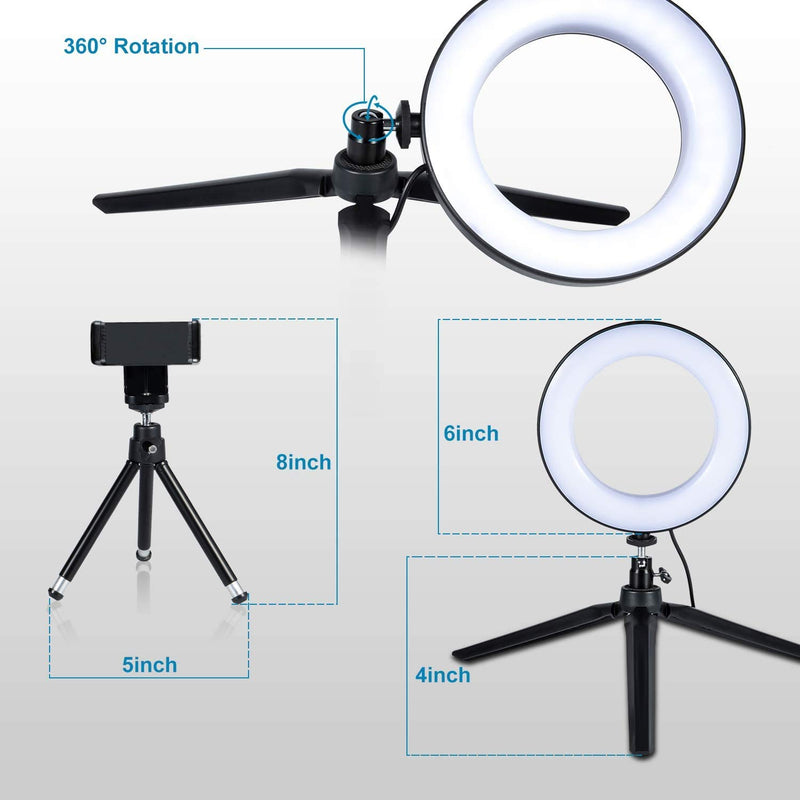 [Australia - AusPower] - LED Ring Light 6" with Tripod Stand for YouTube Video and Makeup, Mini LED Camera Light with Cell Phone Holder Desktop LED Lamp with 3 Light Modes & 11 Brightness Level (6") 