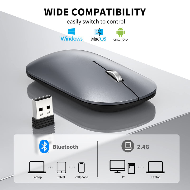 [Australia - AusPower] - TECKNET Rechargeable Bluetooth Mouse for MacBook Pro/iPad/Laptop/Windows, Slim Silent Wireless Mouse Bluetooth 5.0/3.0 2.4G Portable Optical Cordless Mice with USB Receiver 4 Adjustable DPI 
