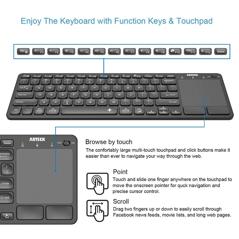 [Australia - AusPower] - Arteck Universal Backlit 7-Colors Bluetooth Touch TV Keyboard with Easy Media Control and Build-in Touchpad for TV-Connected Computer, Smart TV, Desktop, Laptop, iPad, Surface, Tablet, HTPC 