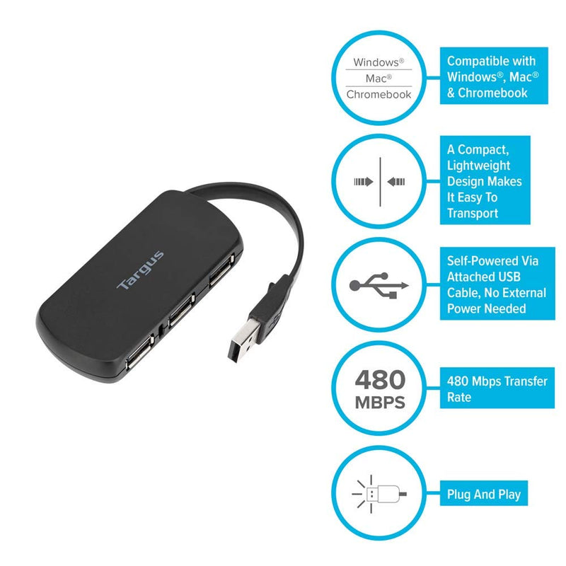 [Australia - AusPower] - Targus 4-Port USB 2.0 Hub with Sleek and Travel Friendly, Black (ACH114US) 
