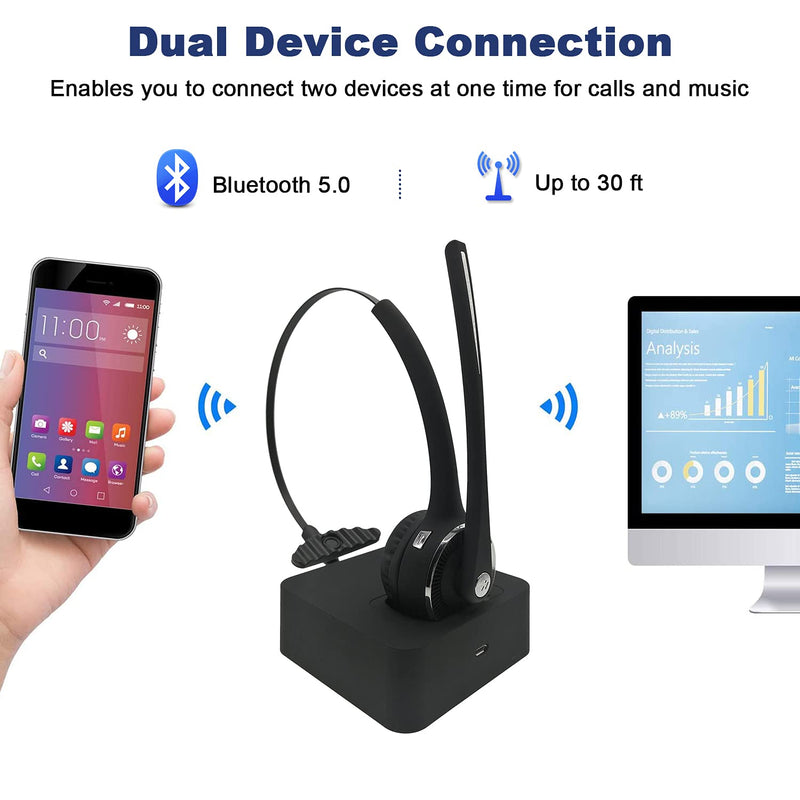 [Australia - AusPower] - Trucker Bluetooth Headset with Microphone Noise Cancelling, V5.0 Wireless Headset with Charging Base 17 Hrs Talk Time Trucker Headset for Home Office Call Center Skype Truck Drive 