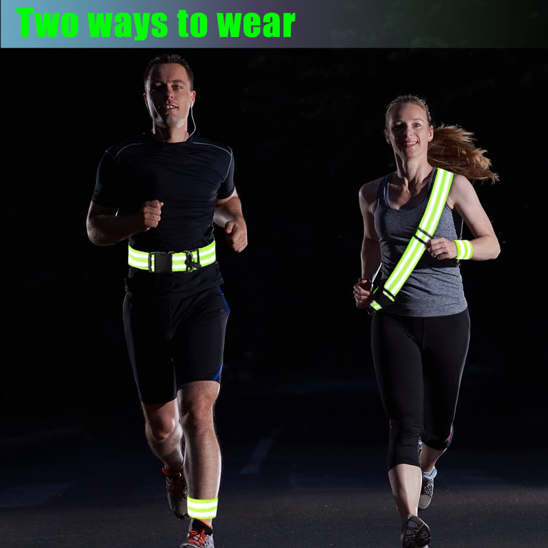 [Australia - AusPower] - 2 Pcs Reflective Sash with 4 Bands, Adjustable High Visibility Belt Safety Strap and Band for Wrist, Arm, Ankle, Leg, Substitute for Reflective Vest, Reflective Running Gear for Night Walking Cycling 