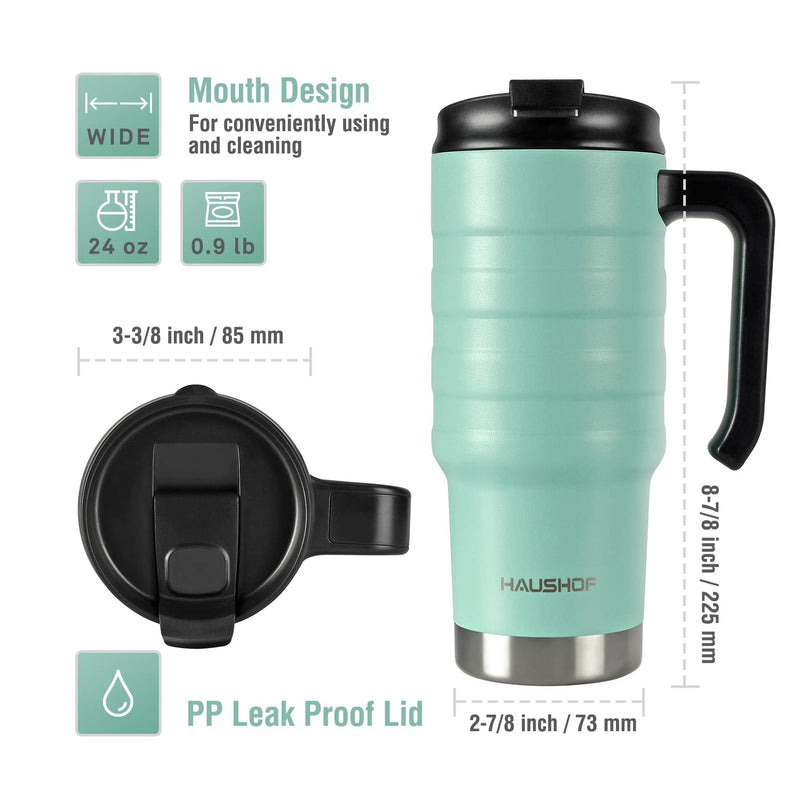 [Australia - AusPower] - HAUSHOF 24 oz Travel Mug, Stainless Double Wall Vacuum Insulated Tumbler with Handle & Spill Proof Twist On Flip Lid and Wide Mouth, BPA Free Seafoam Green 