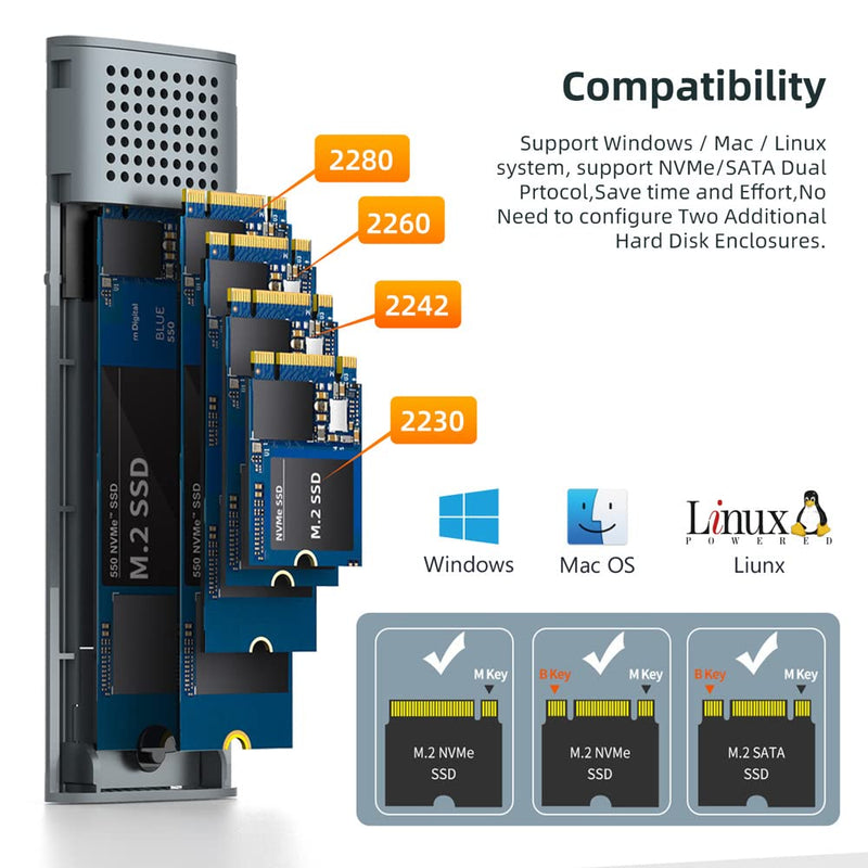 [Australia - AusPower] - MAIWO M.2 SSD Enclosure Adapter,USB C to M.2 NVME/SATA,MAX 10Gbps,Support 2TB Storage Expansion,Support M or B&M Keys,Aluminum Alloy,Tool Free,Automatic Sleep (FIts 2230/2240/2260/2280) 