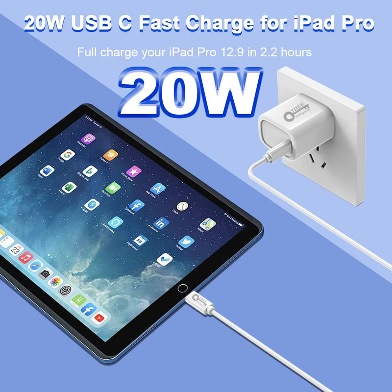 [Australia - AusPower] - 20W USB C to C Fast Charger for iPad Charger for iPad Pro 12.9in 5/4/3 Gen,iPad Pro 11in 2021/2020/2018,iPad Air 4th,iPad Mini 6th,Google Pixle 5/4/3XL,QTREE PD Wall Charger with 6ft Type C to C Cable White 1pack 