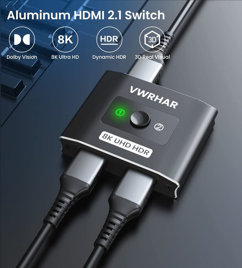 [Australia - AusPower] - HDMI 2.1 Switch 8K HDMI Switcher, 4K 120hz HDR Aluminum Bi-Directional Switch Splitter 2 in 1 Out or 1 in 2 Out, Support High Speed 48Gbps 8K@60Hz, for PS5, Xbox Series X , Apple TV, Samsung TV LG TV 