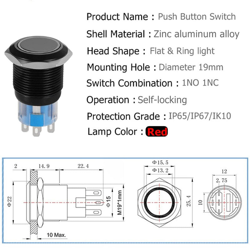 [Australia - AusPower] - 19mm Latching Push Button Switches SPDT ON/Off Waterproof Black Metal 12V Ring LED with Wire Plug (Red) Red 