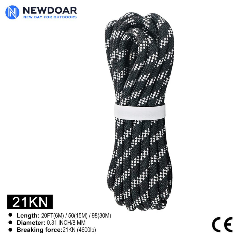 [Australia - AusPower] - NewDoar 8mm (5/16in) Accessory Cord Rope CE 21KN Double Braid Pre Cut for Outdoor Survival, Mountaineering, Prusik,Hauling Dragginge Black,8mm 20FT(6M) 