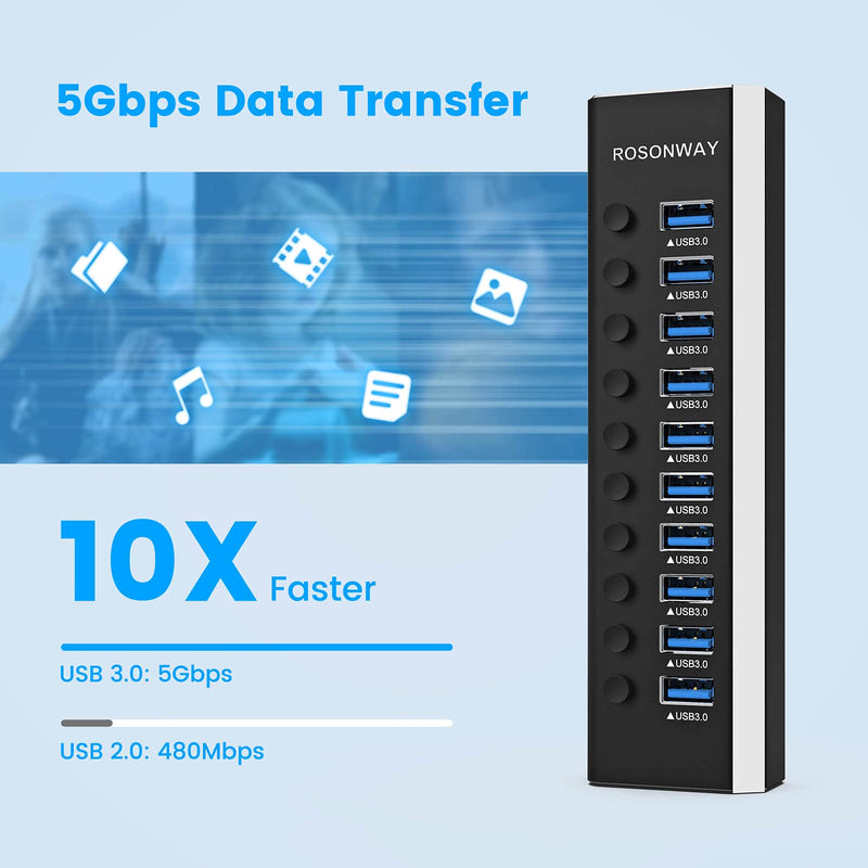 [Australia - AusPower] - Powered USB Hub, Rosonway Aluminum 10 Port USB 3.0 Data Hub with 36W (12V/3A) Power Adapter and Individual On/Off Switches USB Splitter(RSH-A10) 