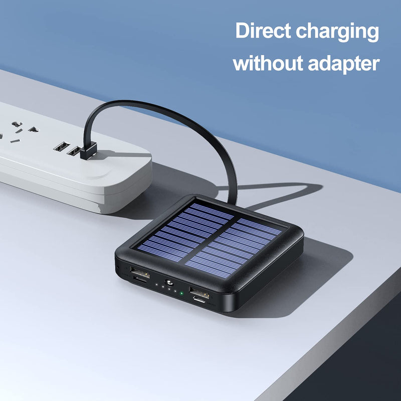 [Australia - AusPower] - Small Solar Charger,12000mAh Ultra-Compact Power Bank Built in 4 Cables,Portable Charger External Battery with 2 USB Outputs & 2 Inputs(Type-C&Micro) & LED Flashlight Compatible with All Phone (Black) Black 