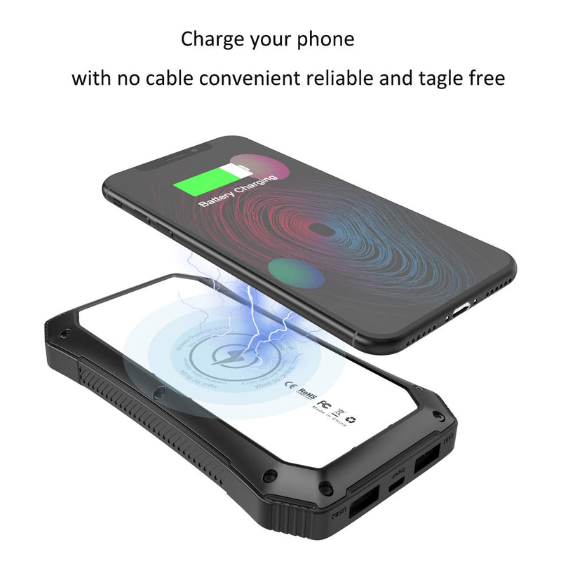[Australia - AusPower] - Solar Charger, ABFOCE Solar Power Bank 10000mAh with 20 LED Lights and Qi Solar Wireless Charger for Camping Outdoor for iOS Android-Black 