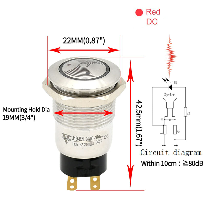 [Australia - AusPower] - UL Certification Red LED Buzzer 24V 19mm Alarm Indicator Light Lamp Stainless Steel Metal Signal Pilot 0.75"Mounting Hole with 85dB Sound J19-BZL 19MM 24V 