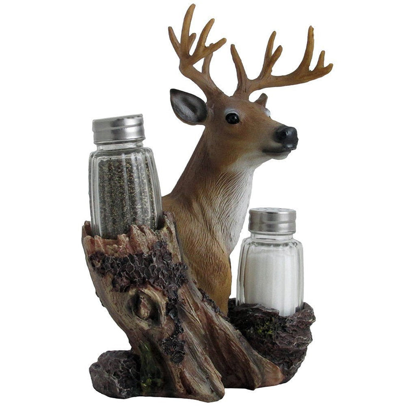 [Australia - AusPower] - Rustic Deer Glass Salt and Pepper Shaker Set with Decorative Big Buck Holder in Kitchen Spice Racks, Cabin and Hunting Lodge Decor and Gifts for Hunters 