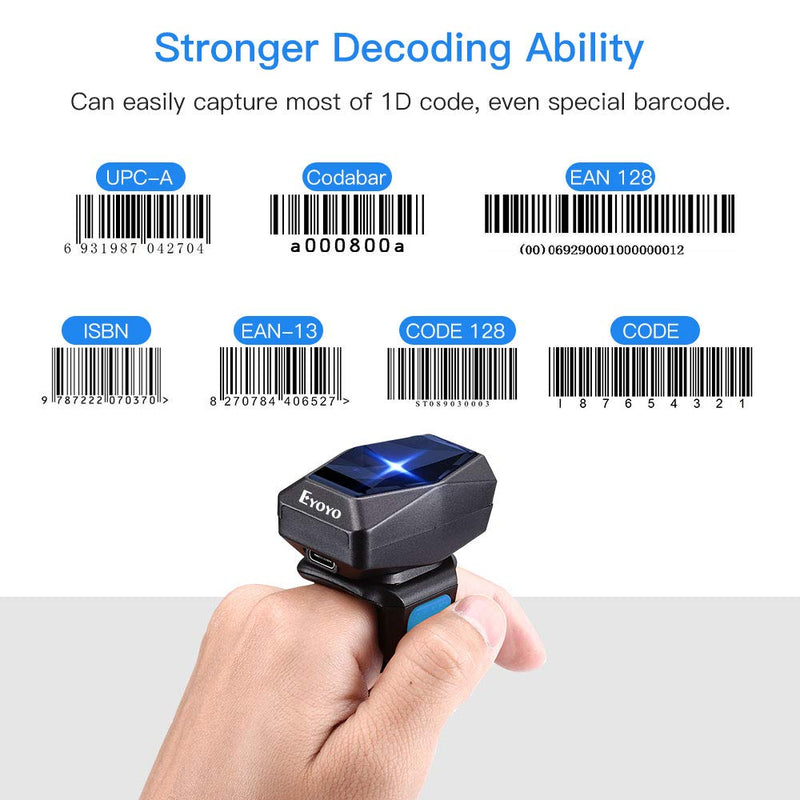 [Australia - AusPower] - Upgraded Eyoyo 1D Wireless Ring Barcode Scanner Bluetooth, 3-in-1 USB Wired Inventory Bar Code Scanner Fast Scanning Portable Mini Finger Barcode Reader for Tablet iPhone IPad Android Windows Mac 