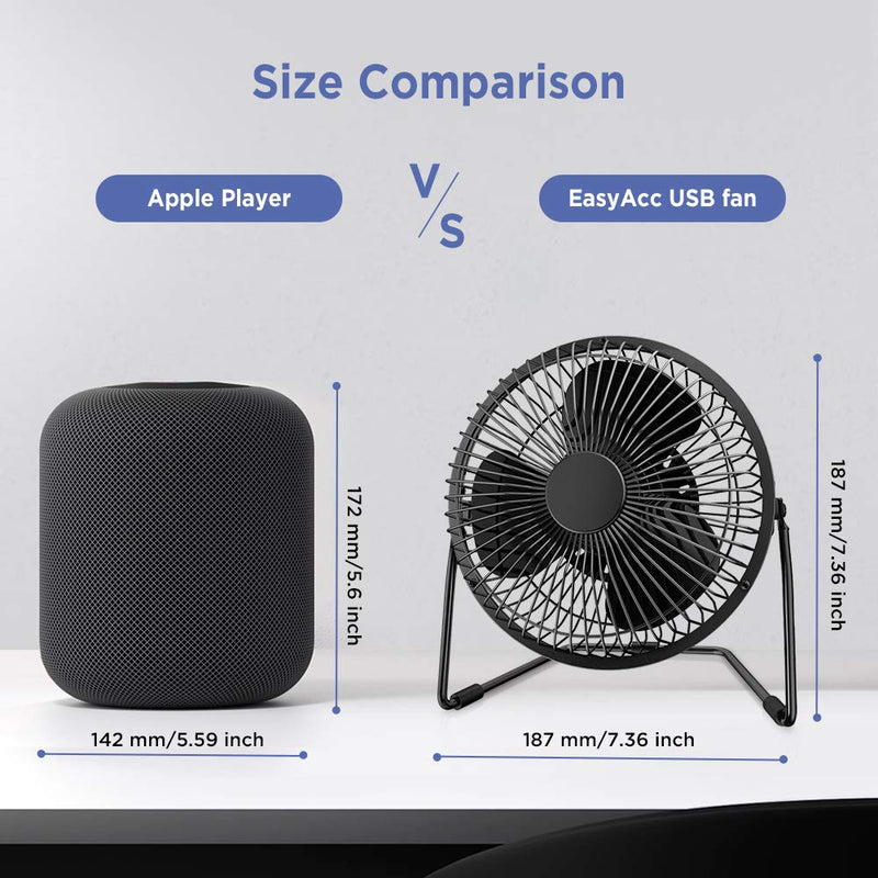 [Australia - AusPower] - EasyAcc 6 Inch USB Desk Fan, [ Small Quiet Powerful Metal Fan ] USB Powered Portable Fan, Strong Airflow& 360°Rotation Personal Table Cooling Fan with 2 Speed - Black (USB POWERED ONLY) 6" USB Fan 