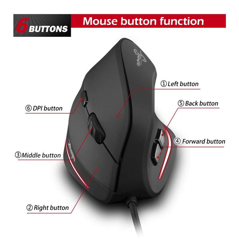 [Australia - AusPower] - Zelotes T20 Vertical Mouse, Wired Ergonomic Mouse, 3200DPI,6 Buttons, LED Optical Mouse Mice for Computer, Laptop, PC – Black 