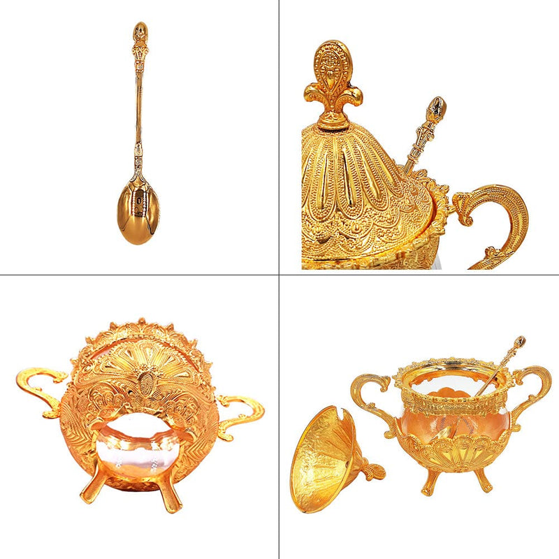[Australia - AusPower] - Hourwof Sugar Bowl with Lid and Spoon for Kitchen Coffee Bar and Wedding Party,Metal and Glass Sugar Container for Sugar Cube and Powder Sugar,Spice Condiment Container,Salt Server,Gold Gold 