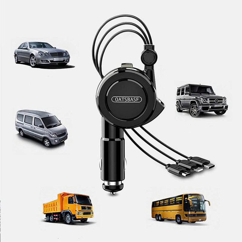[Australia - AusPower] - Cigarette Lighter USB Charger,4.2A Smart Fast CAR Charger,Apple/Android/Type-C 3 in 1 Telescopic Cable Cell Phone Chargers & Power Adapters,Compatible with Apple iPhone,Samsung, BLACK 