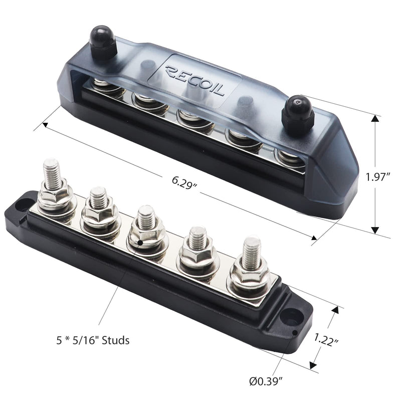 [Australia - AusPower] - RECOIL BB5P Busbar 5 x 3/8” Studs Red & 5 x 5/16” Studs Black Power Distribution Block with Ring Terminals, Pair Red 5x3/8" Studs & Black 5x5/16" Studs Pair 