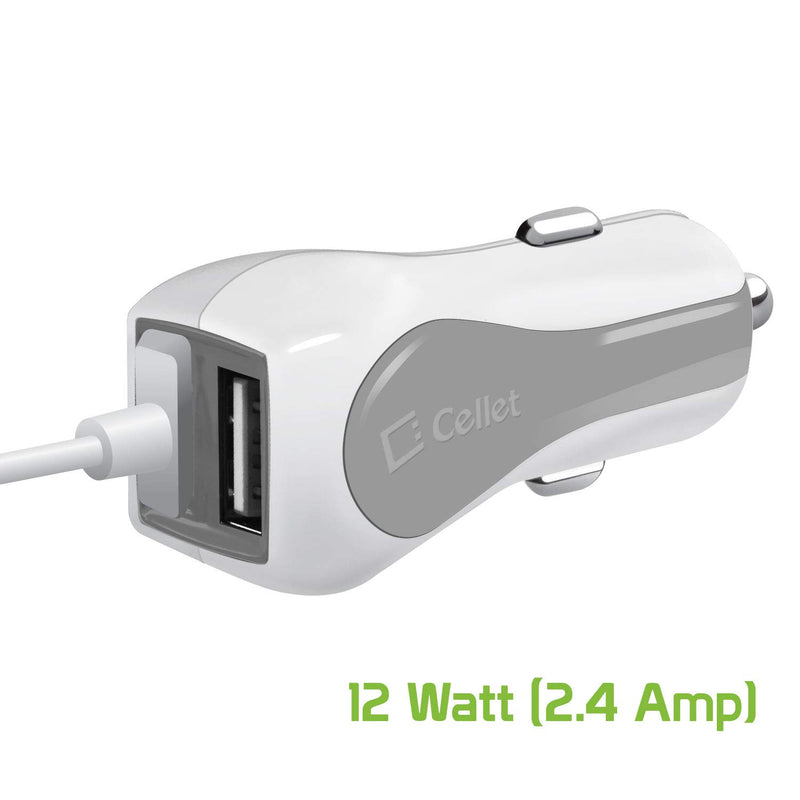 [Australia - AusPower] - Cellet PMICROMS21 Fast Charging 2.4Amp Output Dual USB Car Charger 4ft Long Micro USB Cable Compatible with LG Risio 3 K20 Harmony Grace K20 V K20 Plus K30, K4 Optimus Zone 3, Rebel, K8 (2018), White 