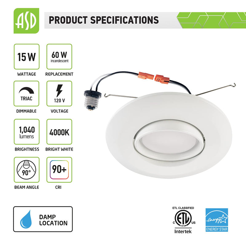 [Australia - AusPower] - ASD LED Recessed Lighting Gimbal 6 Inch - Dimmable - Directional Ceiling Downlight 15W=60W, 1010 Lm, 3000K, CRI 90+ Retrofit Can Light, ETL & Energy Star 3000k (Warm White) 1 Pack 