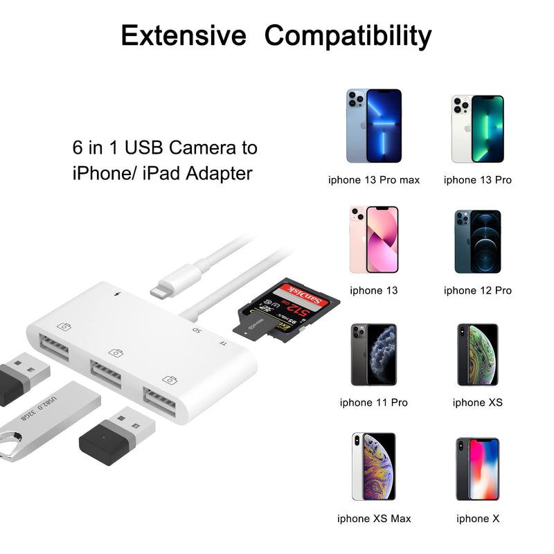 [Australia - AusPower] - ELITEED 6 in 1 USB Camera to iPhone/ iPad Adapter with SD & TF Card Reader, Compatible iPhone/iPad Charging Port, for iPhone/iPad/iPod and More Devices, Support iOS 15 Before 