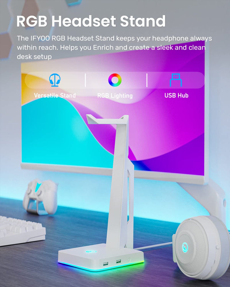 [Australia - AusPower] - IFYOO RGB Gaming Headset Stand with 2 USB Ports, Game Headphone Mount for PC, Xbox One, PS4, Switch, Earphone Holder Hanger, Great for Gaming Stations, Fancy Desk Gamer Accessories, White 