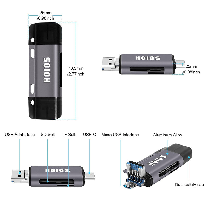[Australia - AusPower] - SD Card Reader USB-C,3-in-1 Memory Card Reader with Tri-Connectors, USB 3.0 Card Reader Adapter for SDXC,Micro SDXC,Compatible with Windows,Mac OS ,Linux, Android,Silver Gray 