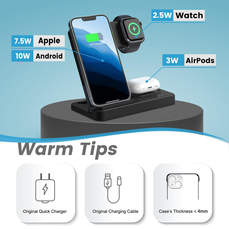 [Australia - AusPower] - Wireless Charging Station Multiple Devices: 3-in-1 Phone Fast Multi Charger Stand for Apple Products iPhone 14 13 12 11 Pro Max XS XR X 8 Plus Watch 8 7 6 5 4 3 2 SE and AirPods 3 2 Pro 