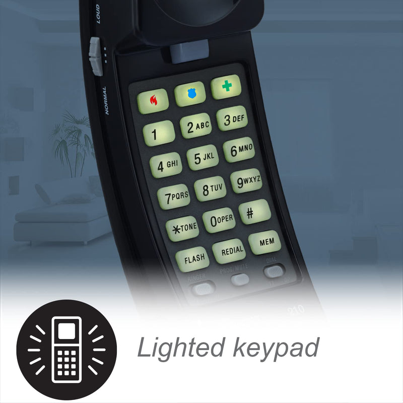[Australia - AusPower] - AT&T 210 Basic Trimline Corded Phone, No AC Power Required, Wall-Mountable, Black 