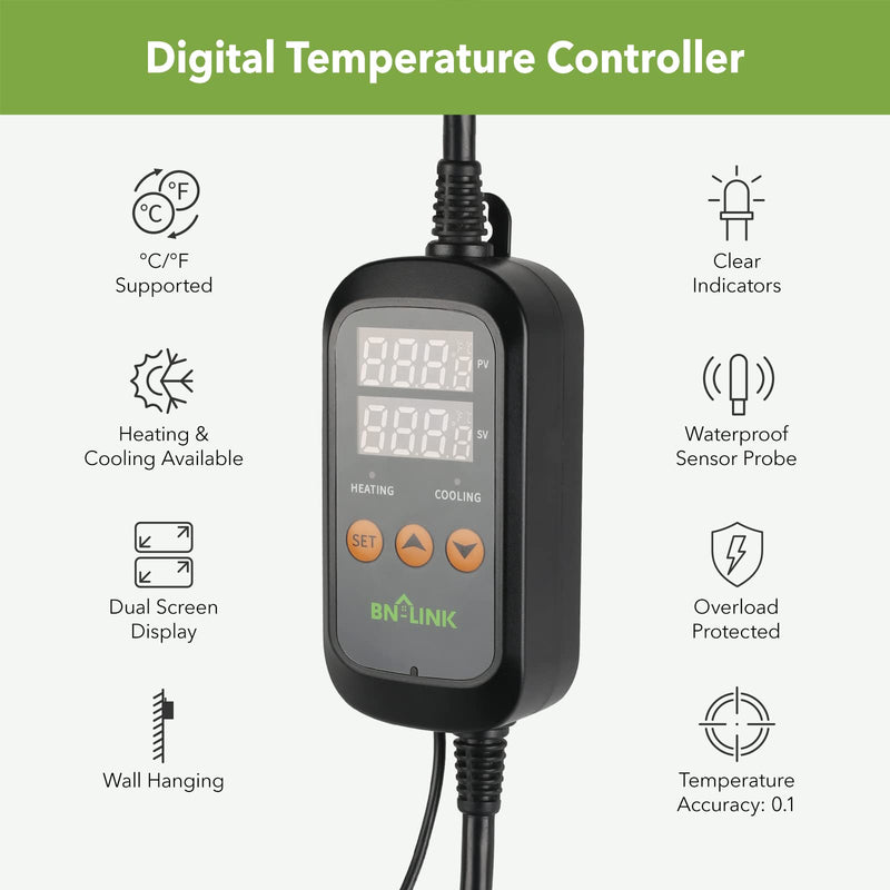[Australia - AusPower] - BN-LINK Digital Temperature Controller Heating Cooling 2-Stage Outlet Thermostat Controller Plug for Reptiles Aquarium Carboy Homebrew Breeding Fermenter Seed Germination °C/°F -40-176°F 15A/1875W 