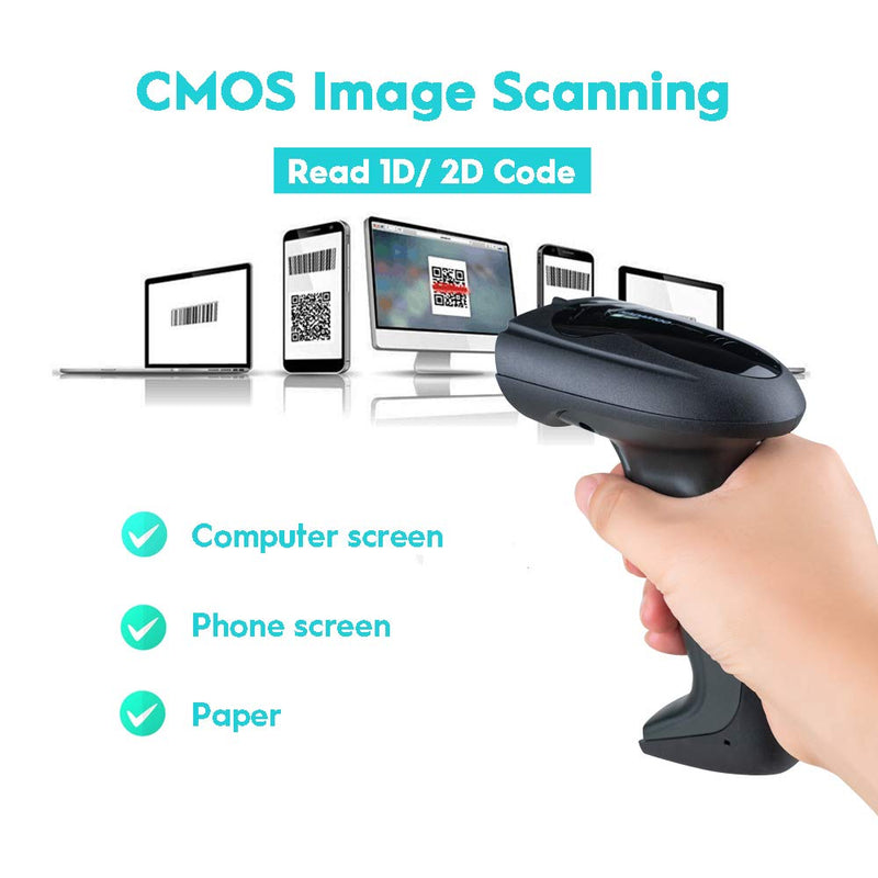 [Australia - AusPower] - NADAMOO Wireless Barcode Scanner with Cradle, 2D Cordless Bar Code Reader 400m Transmission Distance CMOS Imager Read 1D, 2D, QR Code, Data Matrix, PDF417 for Windows Mac Linux Black 