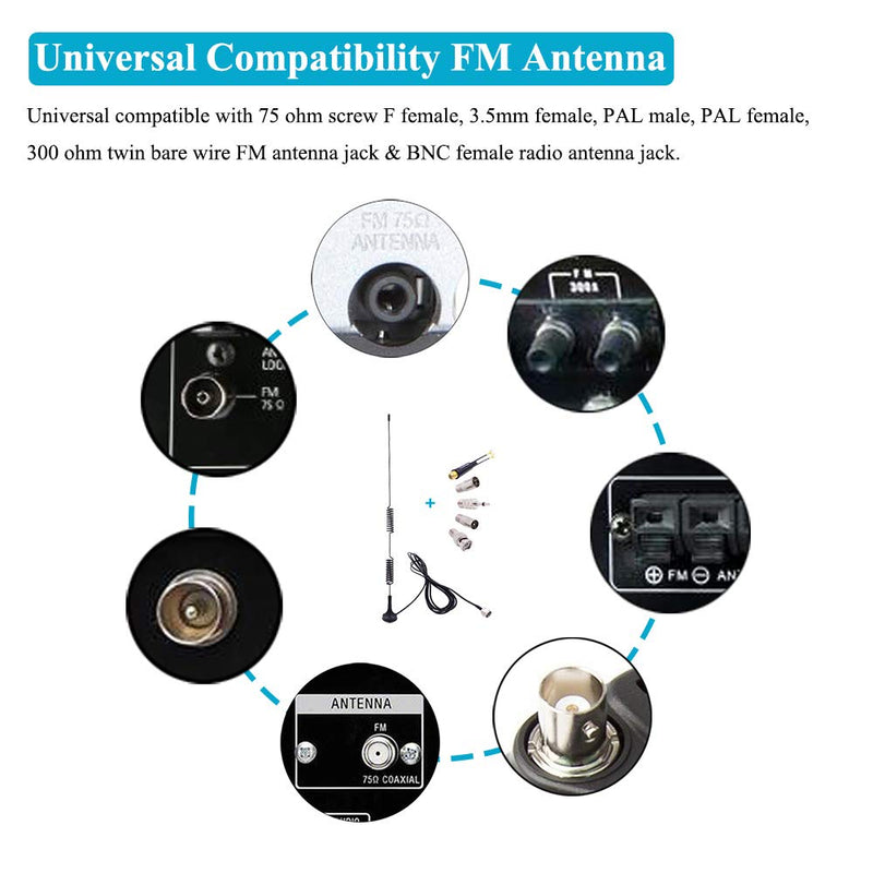 [Australia - AusPower] - Fancasee Universal FM Antenna Magnetic Base 75 Ohm Screw F Male Plug with PAL BNC 3.5mm & 75 to 300 Ohm Connector Adapter Coax Coaxial Cable FM Radio Antenna for Home AV Stereo Receiver Indoor Outdoor 
