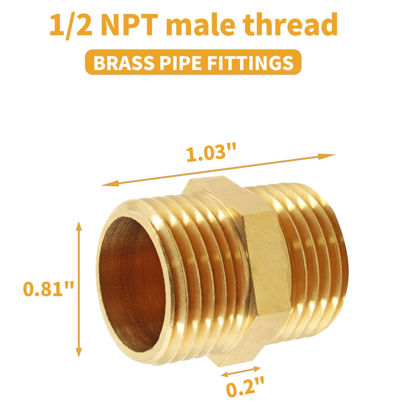 [Australia - AusPower] - Jiozermi 6 Pcs Brass Hex Nipple, Solid Brass Pipe Fitting, 1/2 NPT x 1/2 NPT Male Pipe Adapter, Fittings Equal Nipples Connectors 