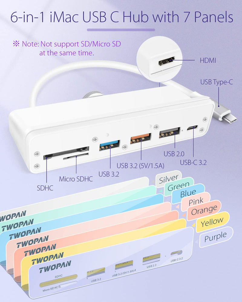 [Australia - AusPower] - TWOPAN USB C Hub Multiport Adapter for iMac 2021, 7 in 1 iMac USB Adapter, USB 3.0 Hub HDMI for iMac 24/27 inch, USB Splitter with USB 3.2 Port, 4K HDMI, Micro/SD Card Readers & Multi Colored Panels Multi-colored 