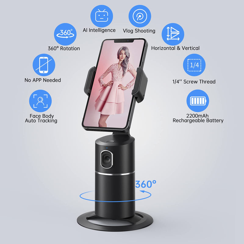 [Australia - AusPower] - Auto Face Tracking Tripod, No App Required, 360° Rotation Face Body Phone Camera Mount Smart Shooting Phone Tracking Holder for Live Vlog Streaming Video, Rechargeable Battery-Black Black 