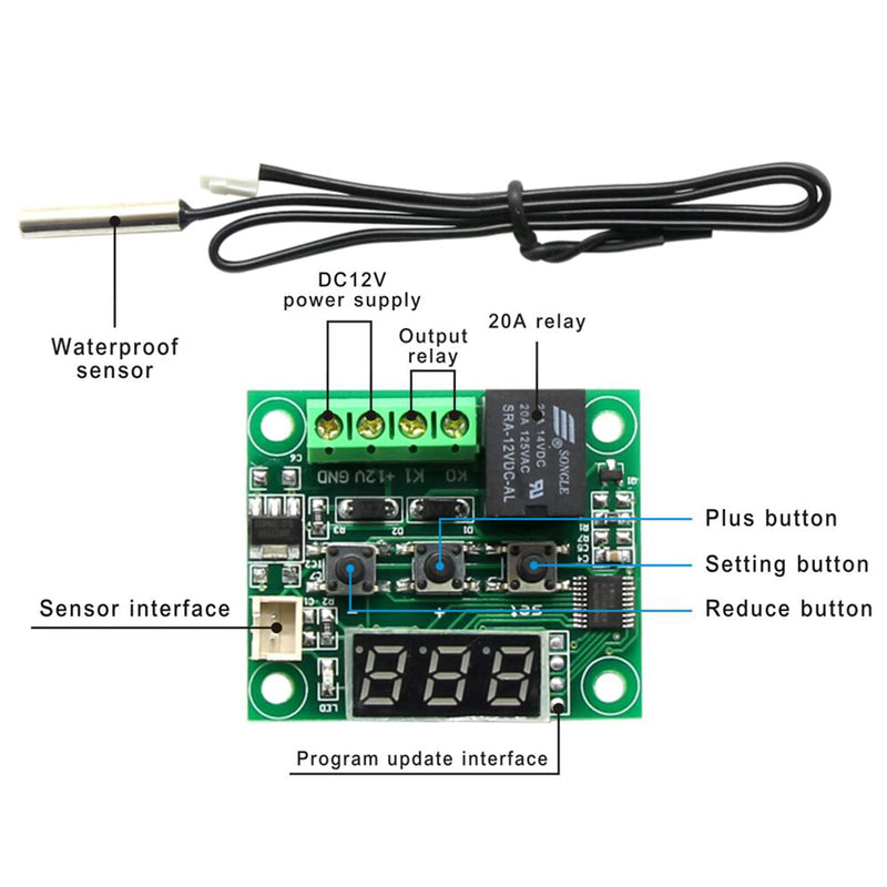 [Australia - AusPower] - W1209 DC 12V Digital Temperature Controller Board Micro Digital Thermostat -50-110°C Electronic Temperature Temp Control Module Switch with 10A One-Channel Relay and Waterproof With Case (1 Pack) 1 Pack 