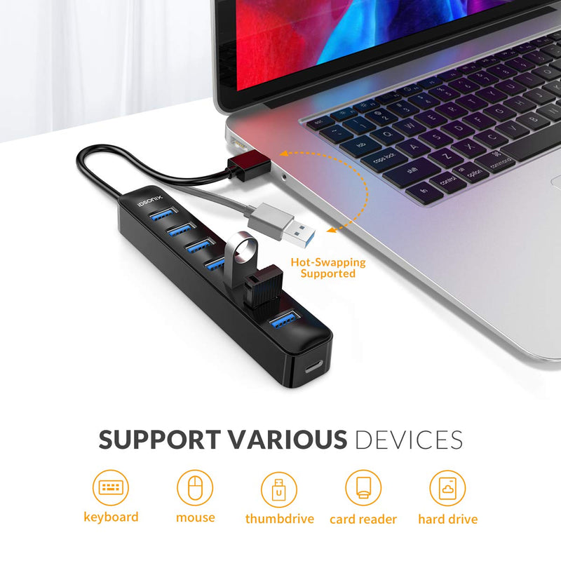 [Australia - AusPower] - iDsonix USB Hub 3.0, 7-Port 5V / 3A Powered USB Hub, 5Gbps HighSpeed Data Transmission USB Splitter for Laptop, iMac, Surface Pro, XPS, USB Flash Drives, Mobile HDD, Printer, Camera, and More -Black BLACK 