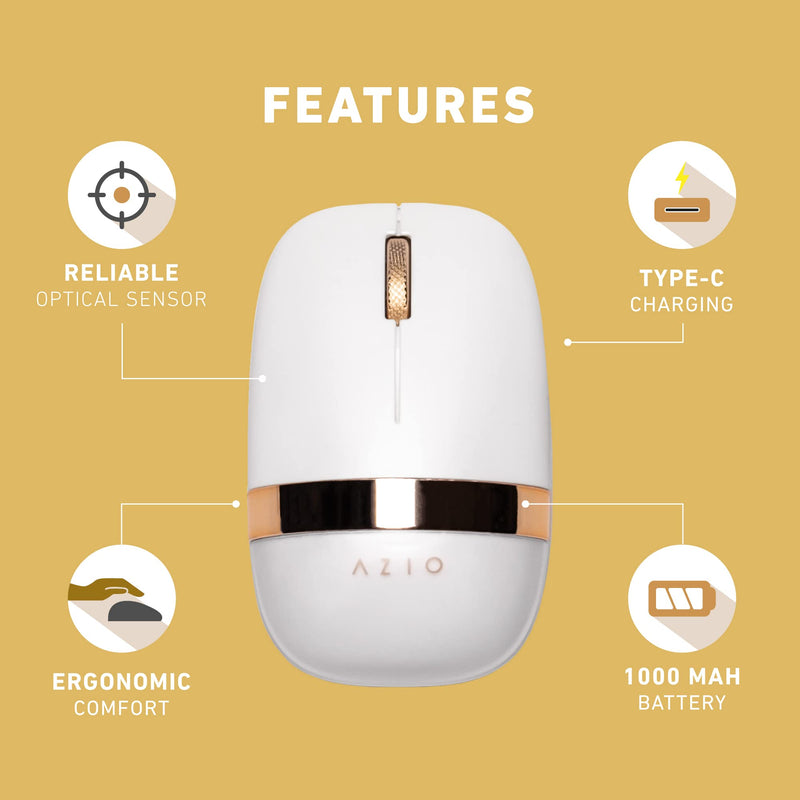 [Australia - AusPower] - AZIO IZO Wireless Bluetooth Mouse with Round Ergonomic Form, Optical Sensor, Adjustable DPI, Rechargeable, PC & Mac - White Blossom 