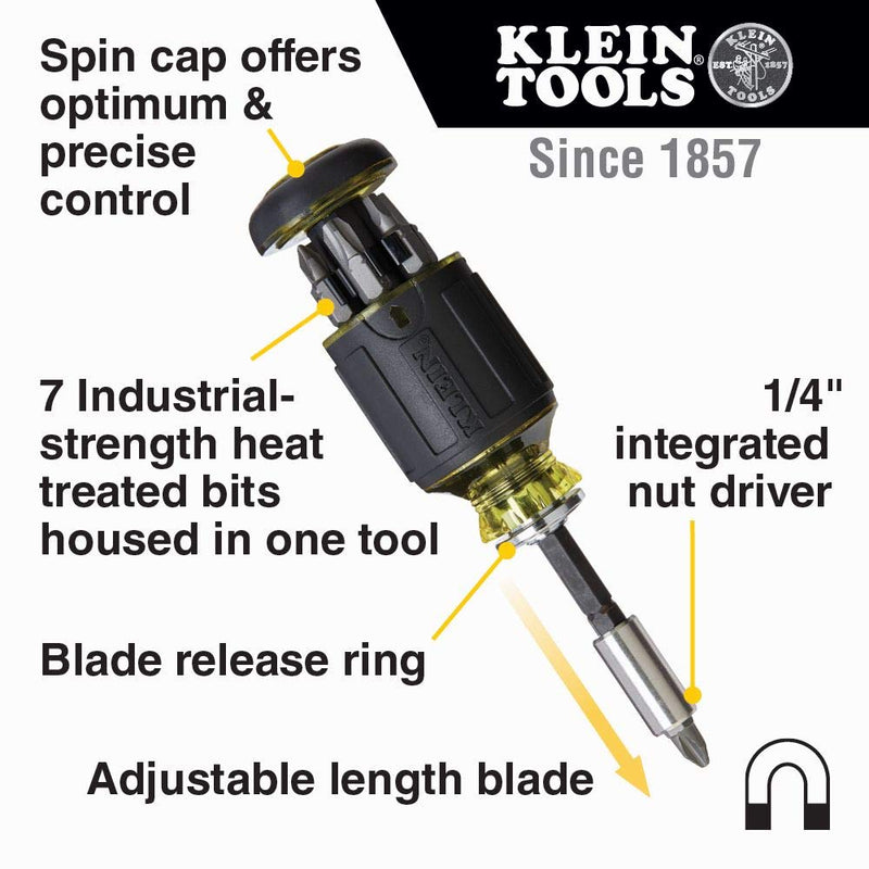 [Australia - AusPower] - Klein Tools 32308 Multi-bit Stubby Screwdriver, Impact Rated 8-in-1 Adjustable Magnetic Tool with Phillips, Slotted, Square and Nut Driver 8-in-1 Stubby 
