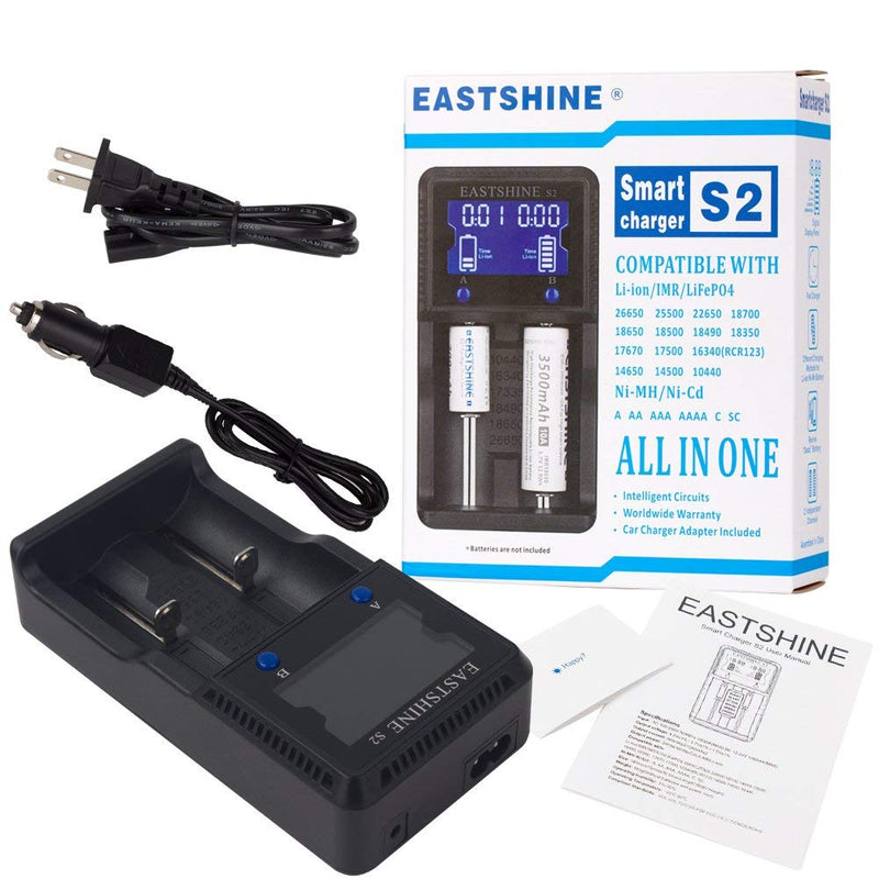 [Australia - AusPower] - Universal Battery Charger EASTSHINE S2 LCD Display Speedy Smart Charger for Rechargeable Batteries Ni-MH Ni-Cd AA AAA Li-ion LiFePO4 IMR 10440 14500 16340 18650 RCR123 26650 18500 17670 & Car Adapter 